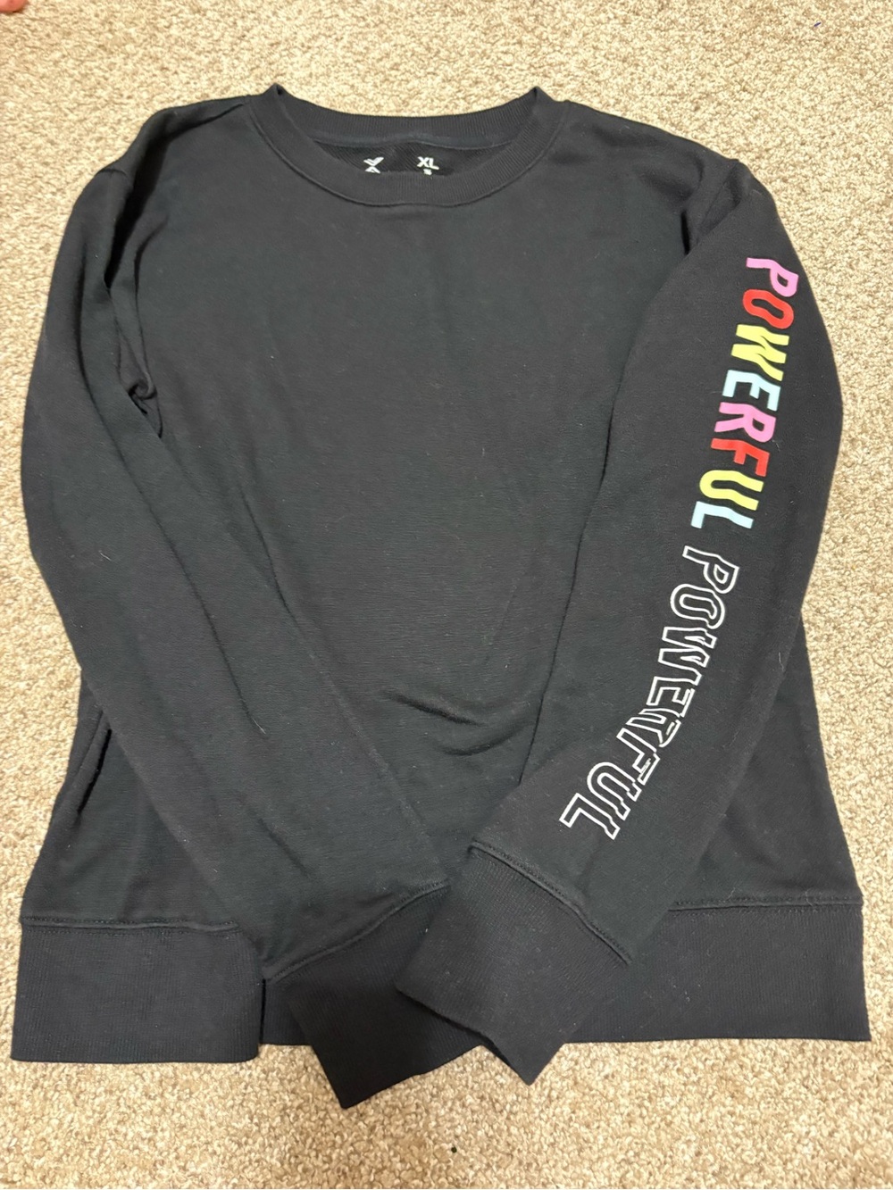 Xersion Black Crewneck Sweatshirt with Multicolor "POWERFUL" Sleeve Print